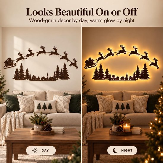 Houten kerstdecoratie met de slee van de kerstman en rendieren. Toont het ontwerp overdag en met warme verlichting 's nachts.