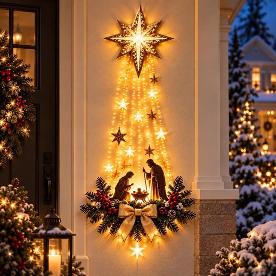 Verlichte kerststal met kerstboomvormige lampjesslinger, gouden strik en sterren aan een muur.