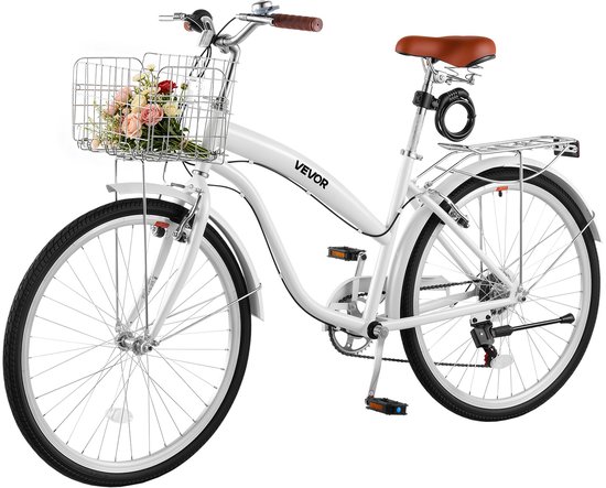 VEVOR Dames Cruiserfiets van 26 inch, Draagvermogen 150 Kg, 7 Versnellingen, Wit, voor Woon-Werkverkeer, Boodschappen en Stranduitstapjes, met Dubbele V-Remmen, Bagagedrager van 50 Kg, Spatborden en Gereedschapskit — afbeelding 2