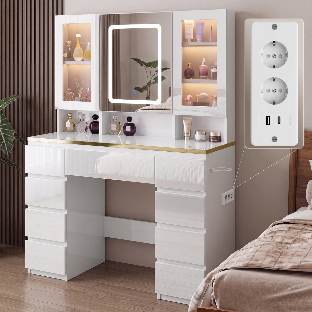 Devoko Kaptafel met LED-Spiegel en 2 Verlichte Vitrinekasten – 9 Laden, 3 Open Vakken en Verborgen Spiegelopberging – 2 Stopcontacten, USB, USB-C en Föhnhouder – 108 B × 40 D × 146 H cm – Hoogglans Wit