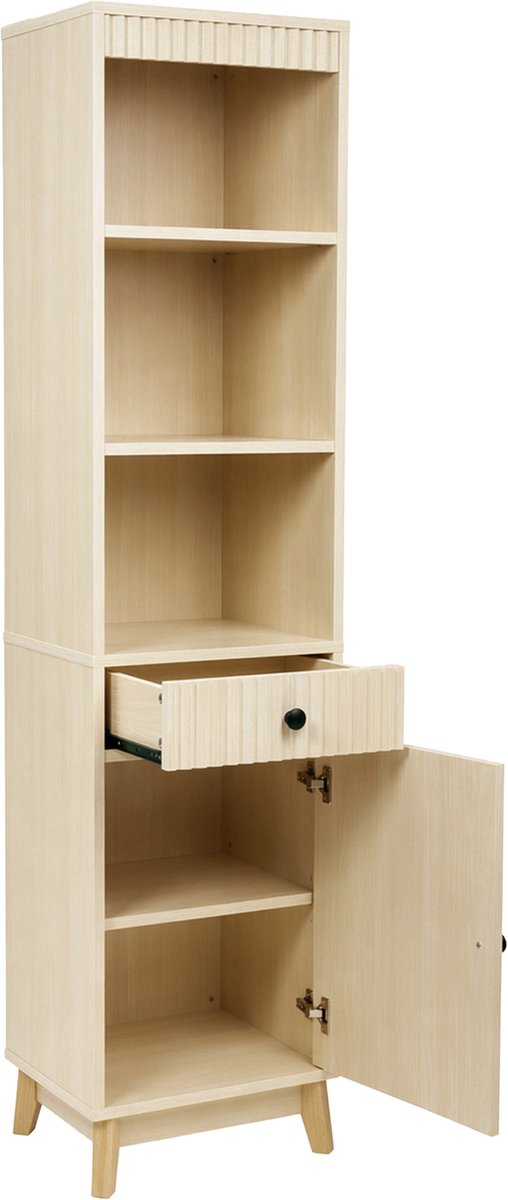 Badkamerkast Met Lade - Hoge Opbergkast Met Open Vakken En Deur - Verticale Geribbelde Fronten - Badkamermeubel In Natuurlijke Houtlook - MDF