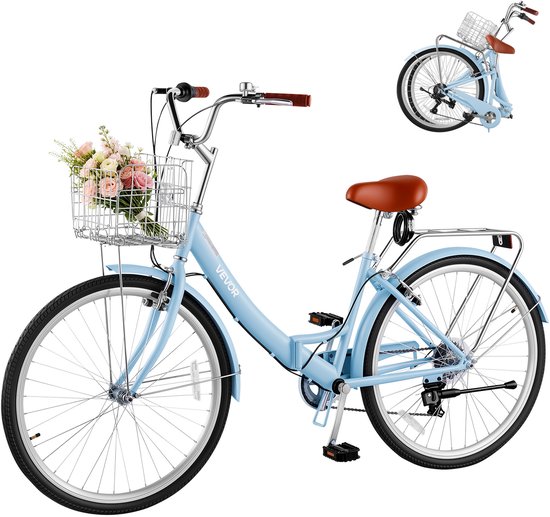 VEVOR Damesfiets 26 inch 7-Versnellings Cruiser Stadsfiets Lichtblauw Opvouwbaar, voor Stad, Strand, Winkelen en Reizen, met Lage Instap, Opvouwbaar Voormandje, Bagagedrager tot 50 Kg en Dubbele V-Remmen — afbeelding 2