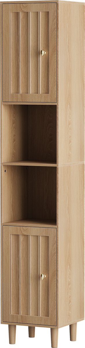 Badkamerkast Met Twee Deuren - Hoge Smalle Opbergkast Met Open Vakken - Vrijstaande Kast Voor Badkamer En Wasruimte - MDF - Eikenlook - 32 x 30 x 169 cm