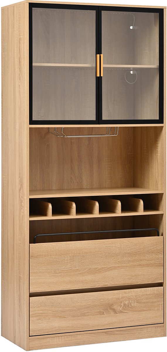 Badkamerkast Met Glazen Deuren En LED-Verlichting - Hoge Kast Met Open Vakken En Lades - MDF - 80 X 40 X 180 Cm - Natuurlijke Kleur