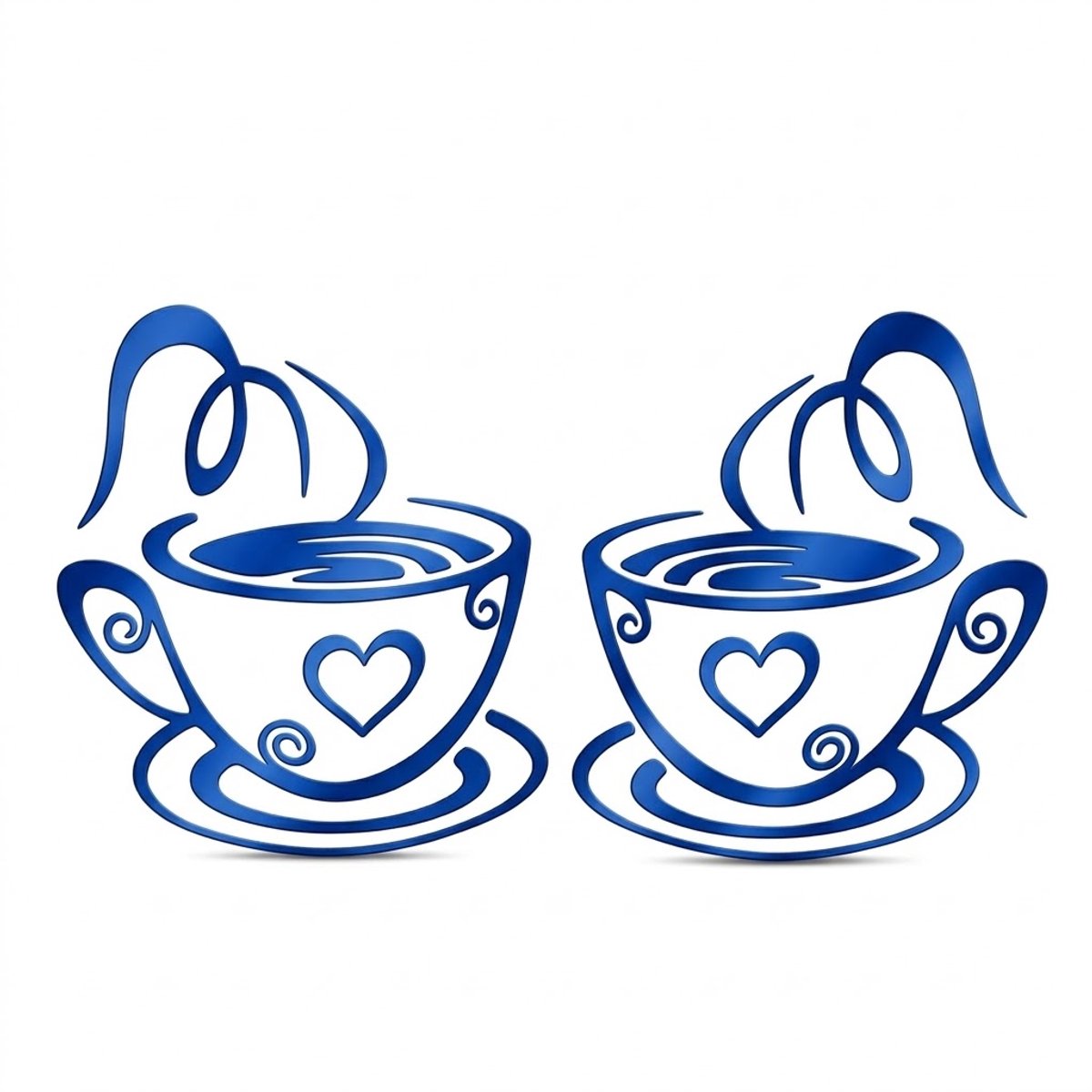 NUVEX Blauwe muursticker met 2 koffie kopjes en hartjes – spiegel muur sticker met dampend koffie ontwerp – decoratieve wanddecoratie voor keuken koffiehoek café restaurant woonkamer en eetkamer