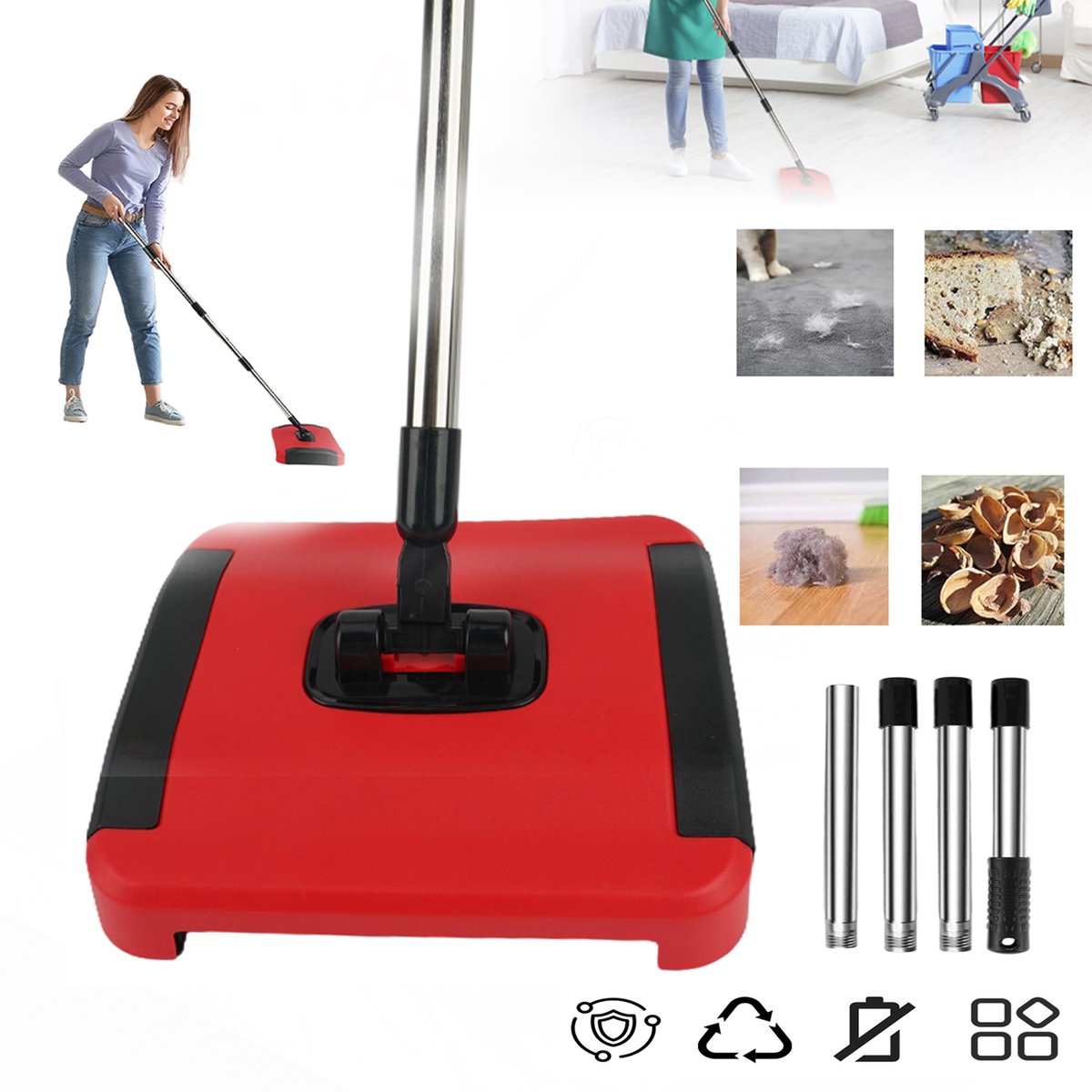 Tapijtvegers, Handmatige Tapijtreiniger, Vloerreiniger Voor Alle Oppervlakken, Met Een 180° Draaibare Borstelkop.