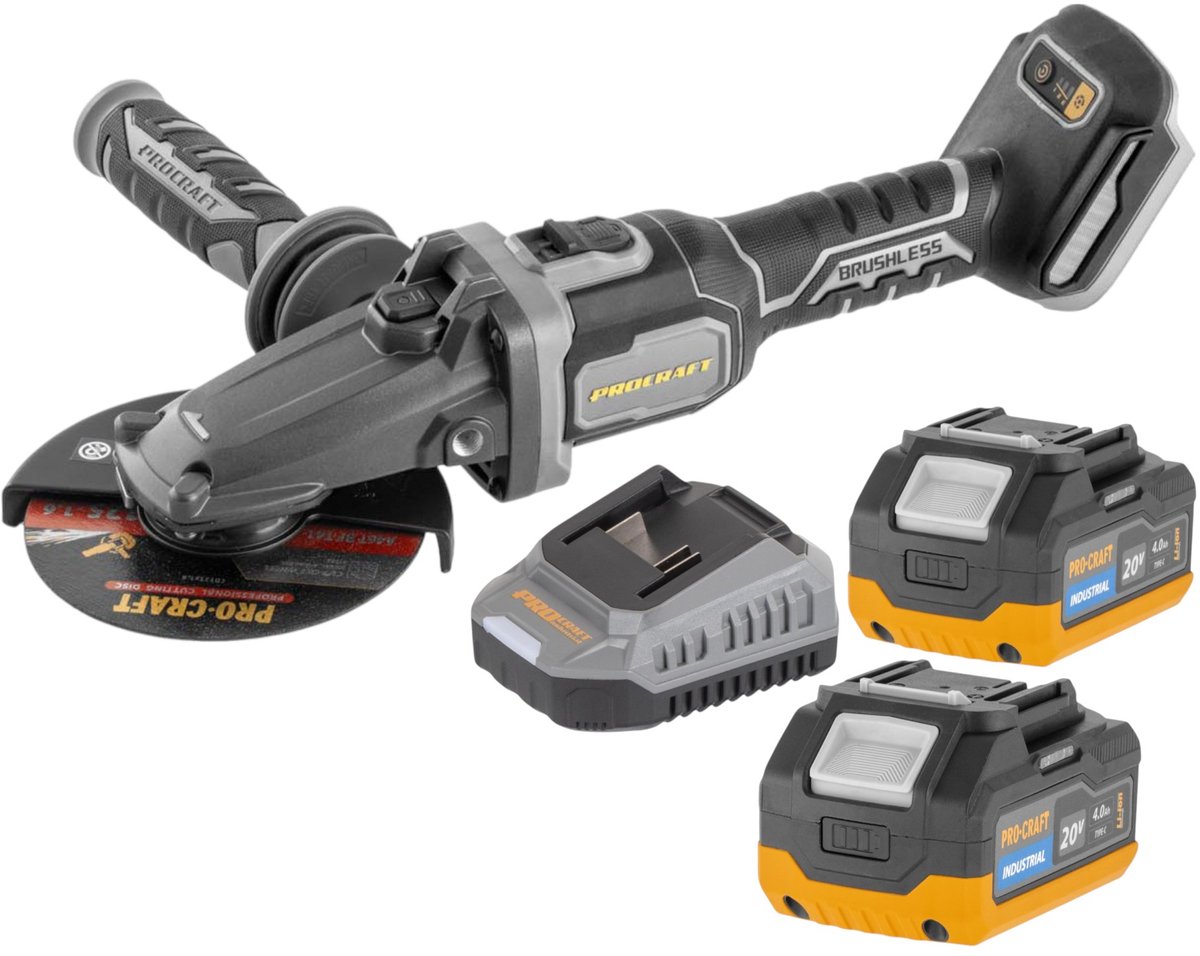 Procraft Industrial AG125Cbb accu-haakse slijper met platte kop 20 V 125 mm borstelloos Solo - zonder accu, zonder oplader