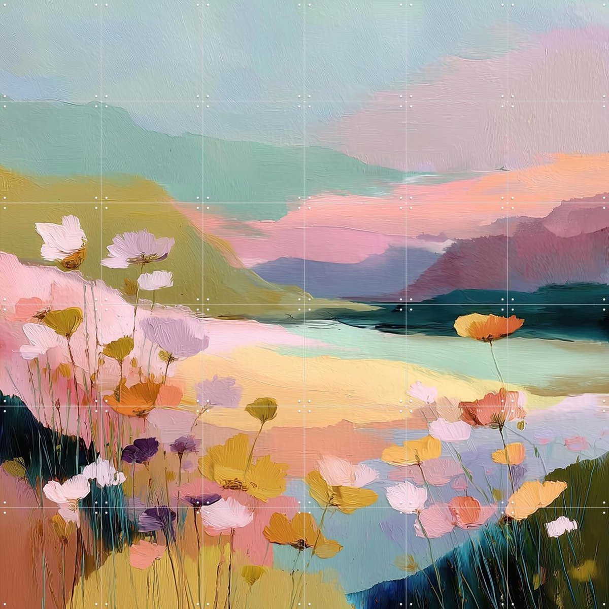 IXXI Wildflowers By The Lake, Branka Kodžoman - 120 x 120 cm - Gratis ophangtool - Grote wanddecoratie en posters - Olieverf, Speels, Kwaststreken