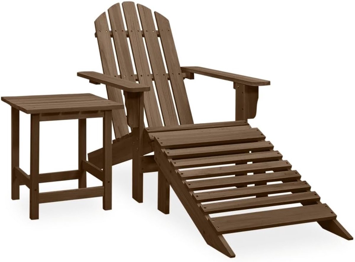 Adirondack Tuinstoel met voetensteun en tafel van massief dennenhout, bruin, ergonomisch gevormd, afneembare voetsteun, stabiele stoel voor terras en tuin