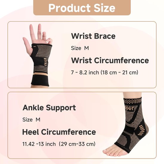 Kniebrace, polsbandageset, 1 paar polsbandages + 1 paar enkelbandages voor pols, enkelgewricht, enkelbandage en handbandage voor basketbal, wandelen, kantoor, mannen en vrouwen, M — afbeelding 2