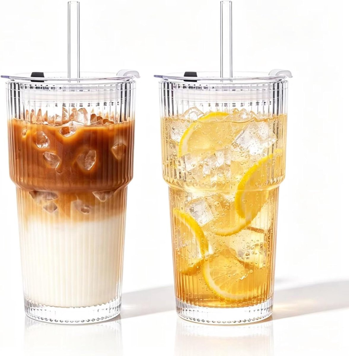 Set van 2 drinkbekers met deksel en rietje van glas, 600 ml, herbruikbare koffieglazen, geribbelde drinkbekers voor ijskoffie, smoothies, sap en koude dranken