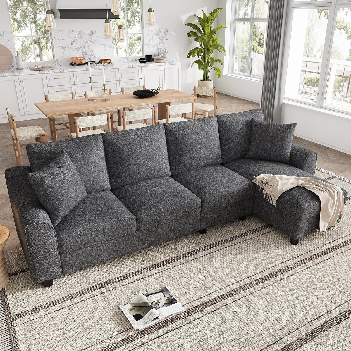 L-vormige chenille bank 3-zits met chaise longue, hoekbank met opbergruimte, inklapbare rugleuning met bekerhouder, multifunctionele modulaire woonkamerbank, grijs