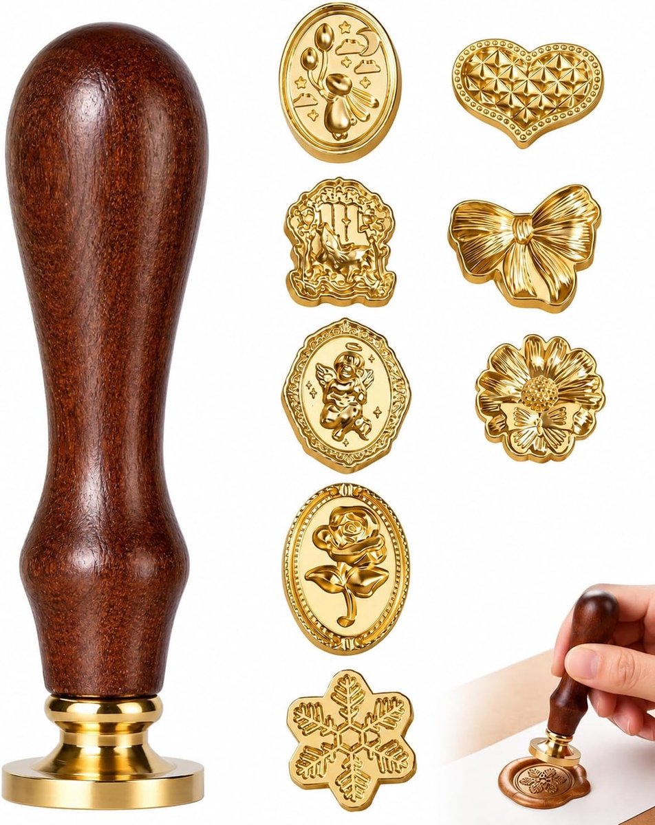 9-delige zegelstempelset (1 houten handvat + 8 stempelkoppen) | 8 unieke designs | zeer nauwkeurige gravure en snel wisselen