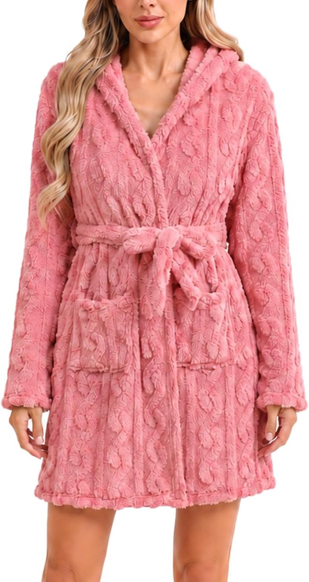 Badjas voor dames, fleece, met capuchon, herfst en winter