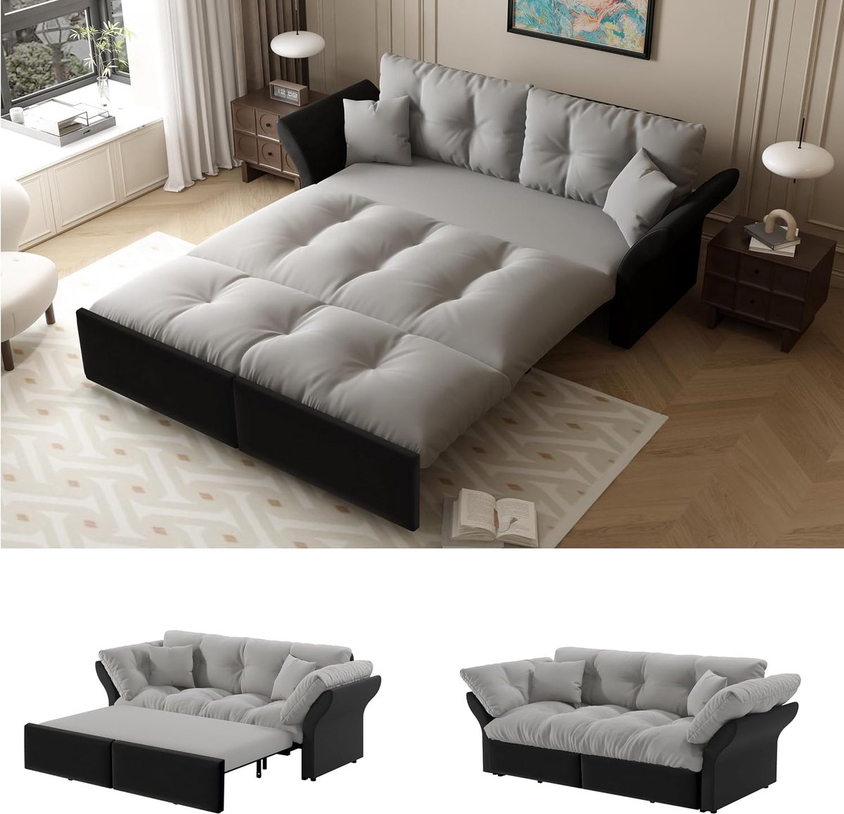 3-in-1 slaapbank, 190 cm, queensize, fluweel, lichtgrijs