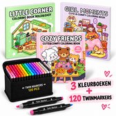 Twinmarkers - 120 STUKS - Alcohol markers - Dubbelzijdige Stiften - Markeerstiften - INC KLEURBOEKJES - Combi deal - Cozy Coloring Book - Fuzzy Hygge - alcoholstiften - Kleuren voor kinderen en volwassenen - Hobby & Professionele Set