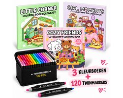 Twinmarkers - 120 STUKS - Alcohol markers - Dubbelzijdige Stiften - Markeerstiften - INC KLEURBOEKJES - Combi deal - Cozy Coloring Book - Fuzzy Hygge - alcoholstiften - Kleuren voor kinderen en volwassenen - Hobby & Professionele Set