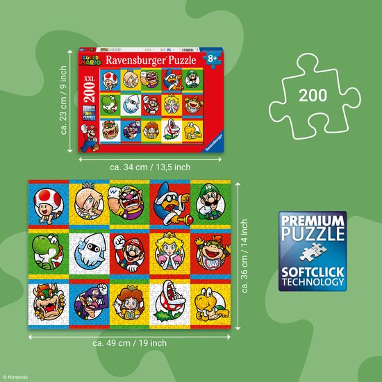 Afmetingen van de Ravensburger Super Mario 200 XXL puzzeldoos en de gelegde puzzel. Afmetingen box: 34x23 cm. Afmetingen puzzel: 49x36 cm.