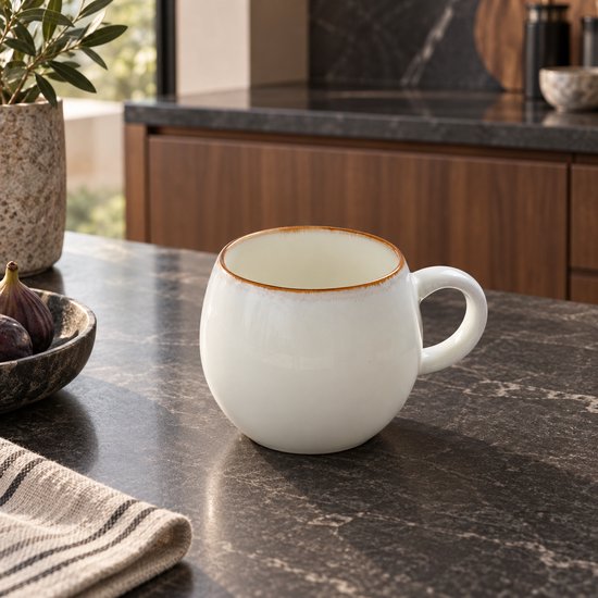 Fameilleur Grote Koffiemok 450 ml – Witte Theemok met Oor en Bruine Rand – Ronde Stoneware Beker voor Koffie, Thee en Warme Chocolademelk – Vaatwasser- en Magnetronbestendig – 1 Stuk- koffie mok - koffie beker- koffiebeker — afbeelding 3