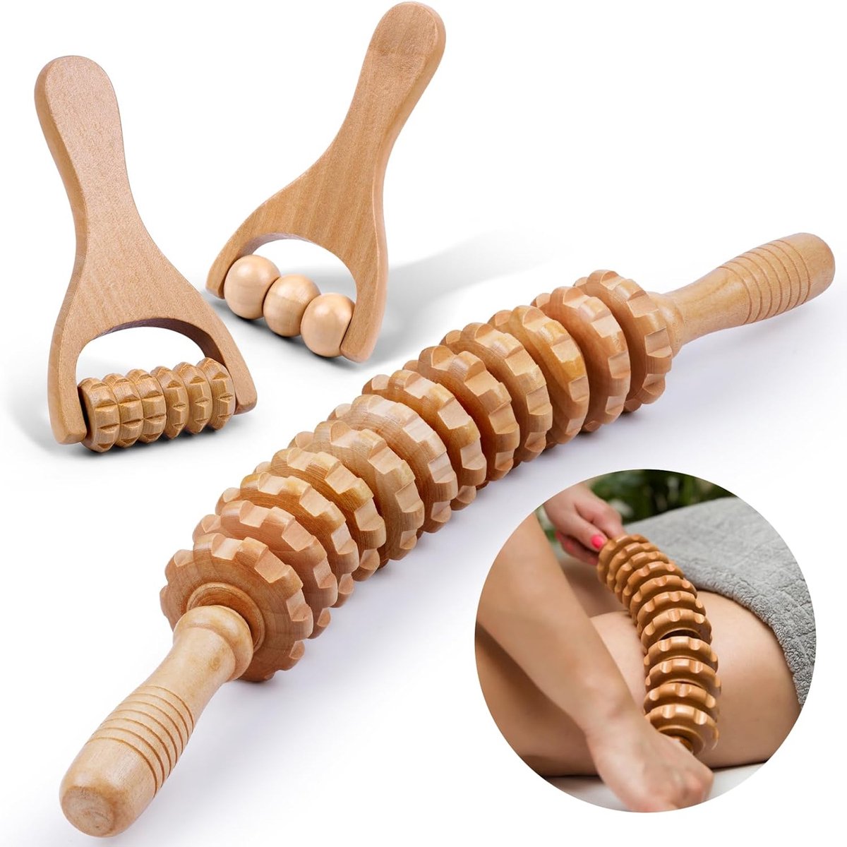 12 Rollers En Glad Braamvrij Hout – Set Van 3 Houten Massagesticks – Afneembaar En Draagbaar – Verlicht Spierspanning En Verbetert De Bloedsomloop – Voor Een Volledige Lichaamsmassage