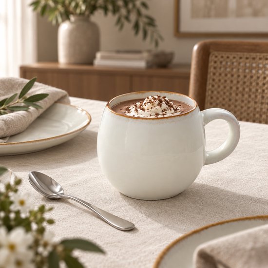 Fameilleur Grote Koffiemok 450 ml – Witte Theemok met Oor en Bruine Rand – Ronde Stoneware Beker voor Koffie, Thee en Warme Chocolademelk – Vaatwasser- en Magnetronbestendig – 1 Stuk- koffie mok - koffie beker- koffiebeker — afbeelding 2