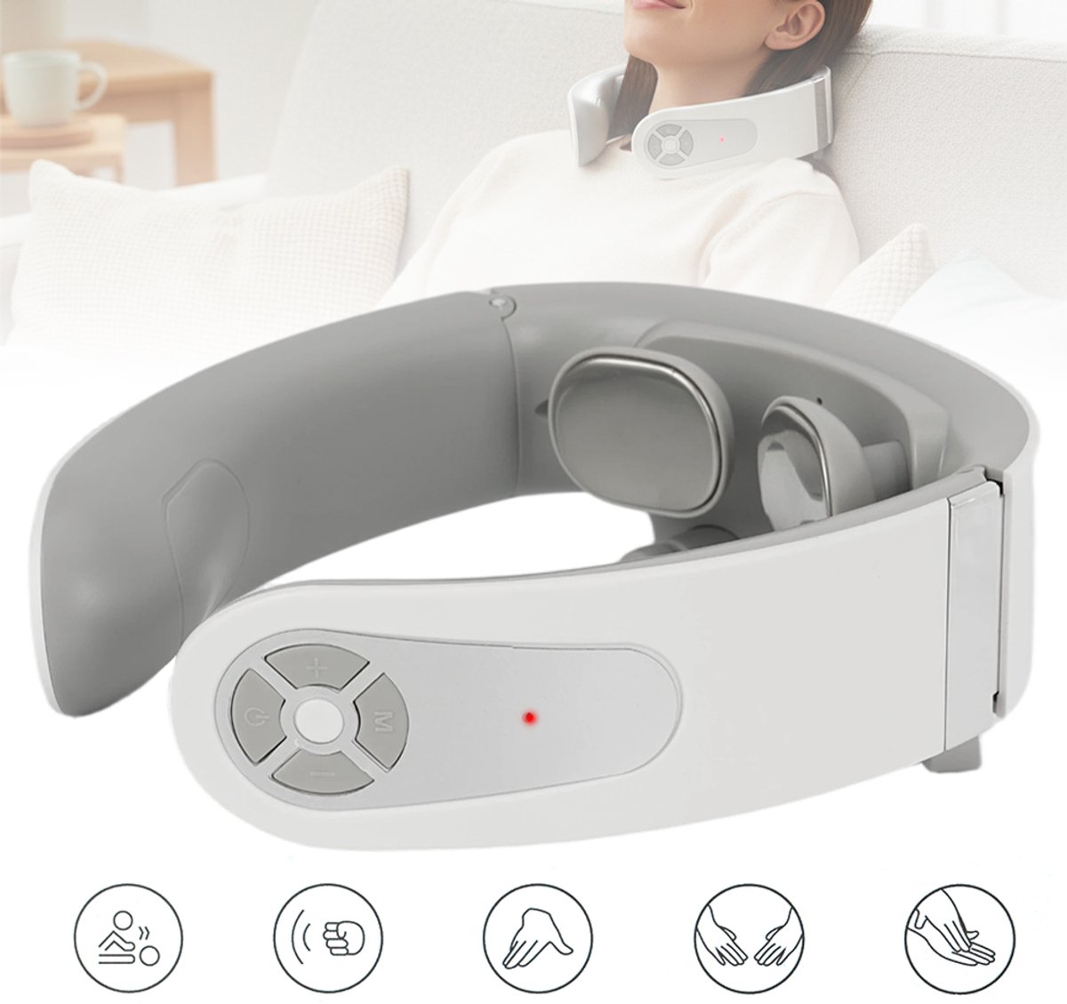 3-in-1 Pulserende Vibratie En Verwarming – U-Vormige Nekmassager Met 6 Pulsstanden En 15 Intensiteiten – USB Oplaadbaar 700mAh En Spraakinstructies – Stressverlichting Voor De Start Van Het Schooljaar – Zilver