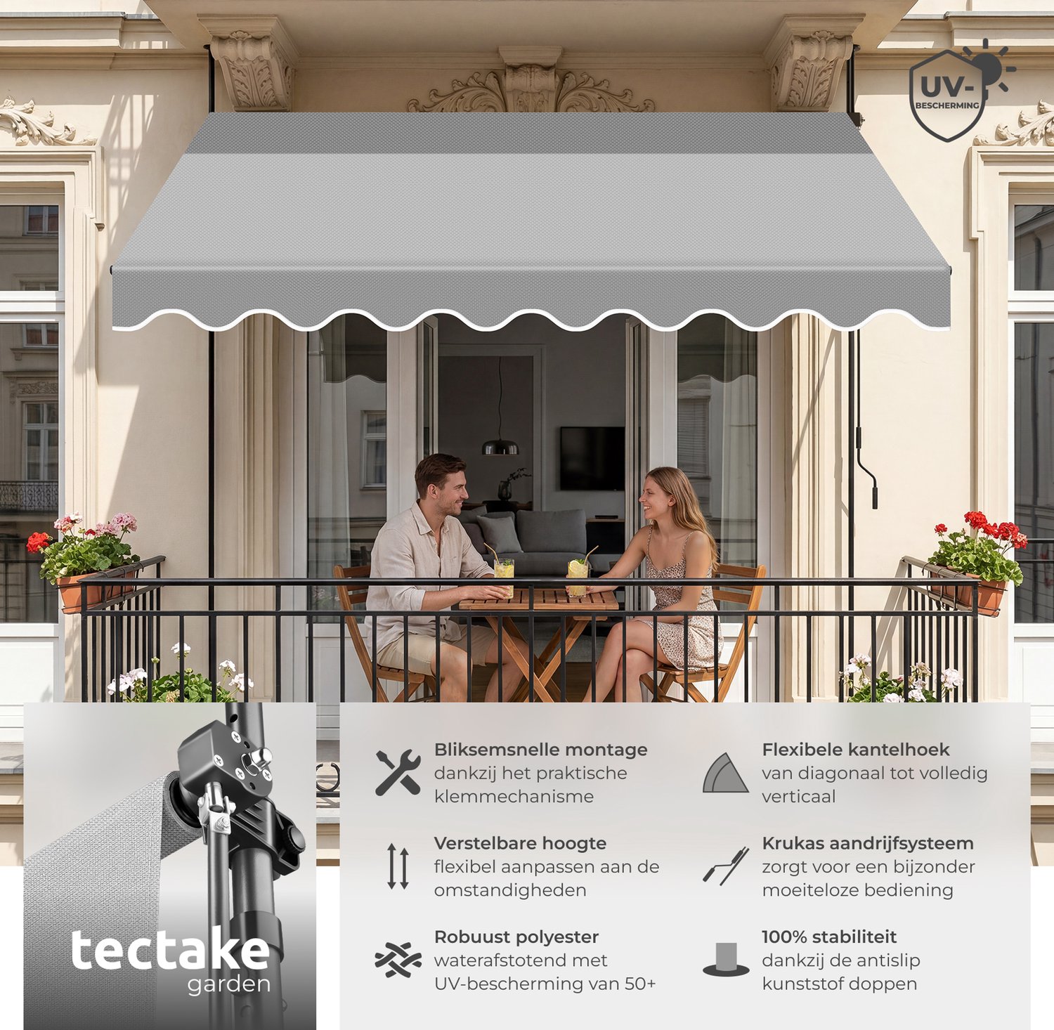 Bol.com tectake® Klemluifel met handslinger - Balkonluifel zonder boren - In hoogte verstelbaar - UV-bestendig - Waterafstotend ... aanbieding