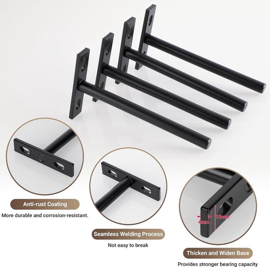 Zware Onzichtbare Steunbeugels voor Wandplanken - T-vormige Metalen Beugels voor Houten Planken, Matte Zwart, 8 Stuks, Ideaal voor Thuis en Kantoor Decoratie — afbeelding 2