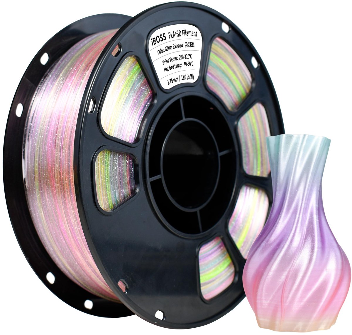 iBOSS Transparent Glitter PLA+ Filament 1.75mm, Clear Rainbow Gradient 3D Printer 1KG Spool, 3D Printing Filament - ShopVlot