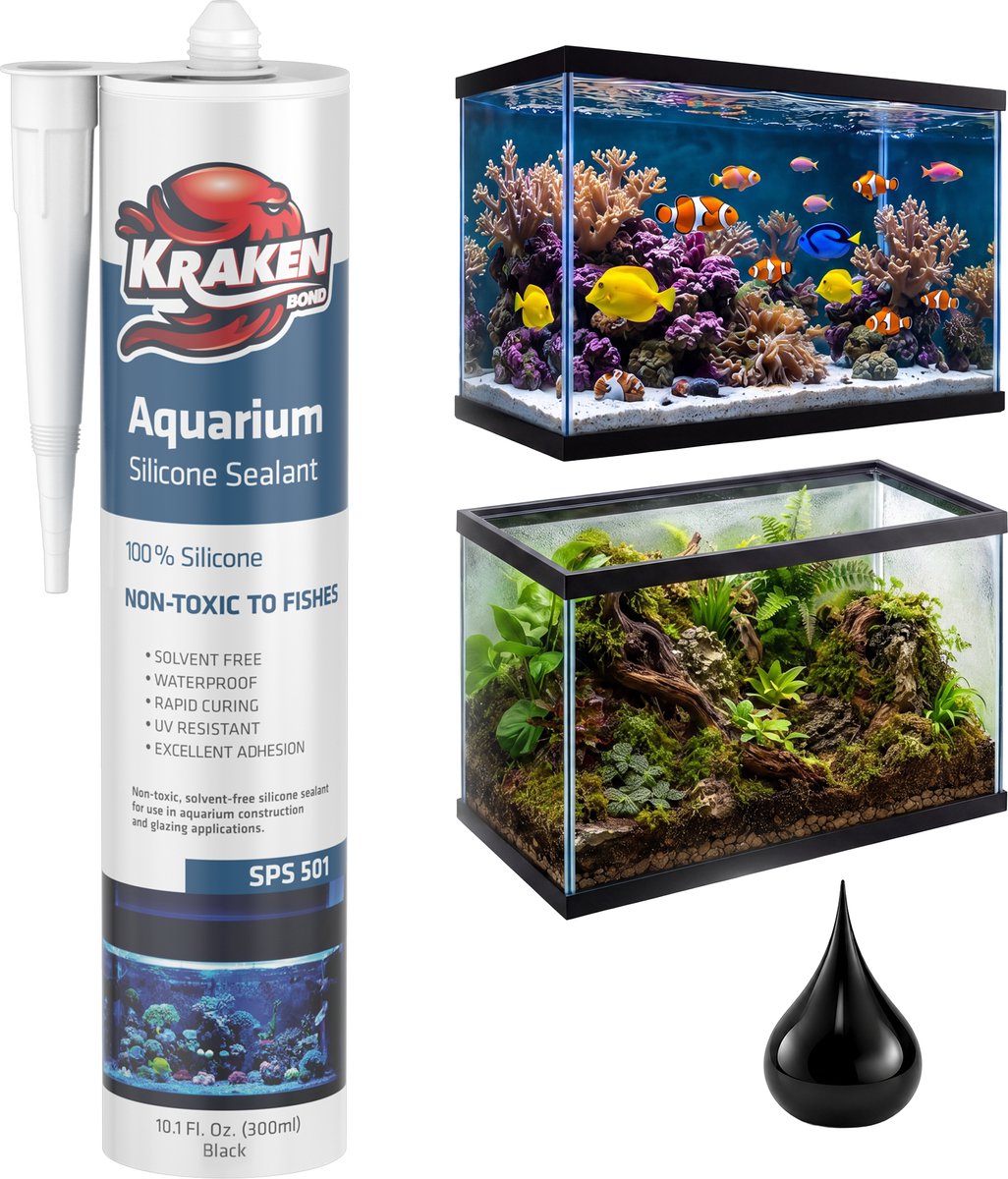 Kraken Bond Aquarium Siliconenkit Zwart 300 ml – 100% Silicone – Waterdichte Afdichting – Sterke Hechting – Voor Aquaria & Glas