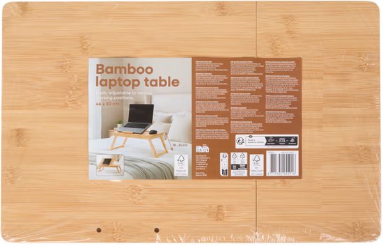 Bamboe laptoptafel, 46 x 30 cm, eenvoudig verstelbaar voor diverse posities, op een bed.