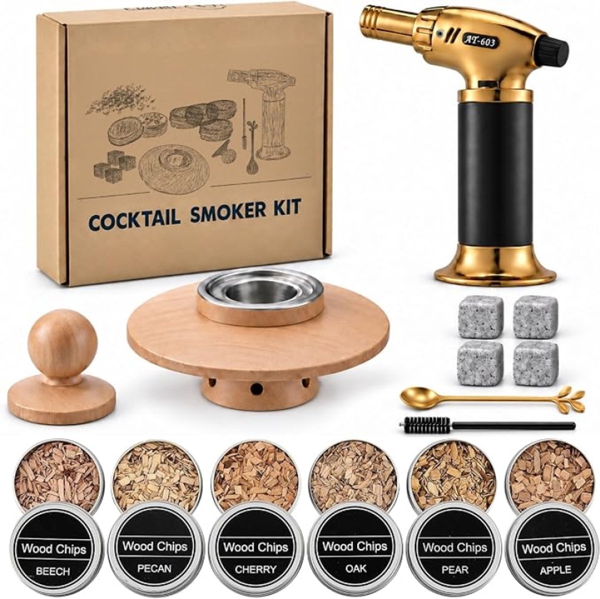 Whisky Smoker Set met Brander – Cocktail Roker Set met 4 Granietstenen, 6 Houtsnippers en Receptenboekje – Cadeau voor Hem