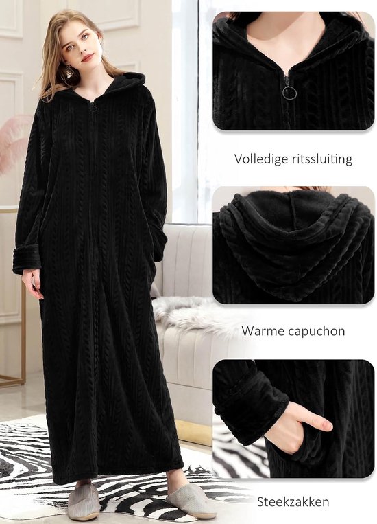 Toga Shaggy Extra Lang Fluffy met rits Capuchon Badjas Pluche Flanel Microvezel Fleece Winter Gezellig Warm Zacht Kuitlengte Vloer-loungewear — afbeelding 2