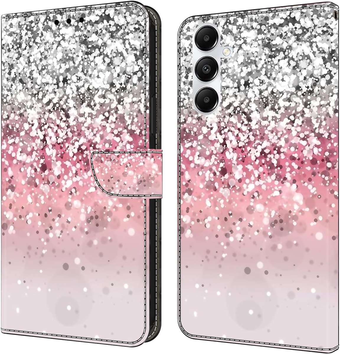 Compatibel met Samsung Galaxy A15 5G, hoes van PU-leer, klaphoes met standaard en kaartsleuven, beschermhoes, portefeuille, case, cover, in zilver en roze