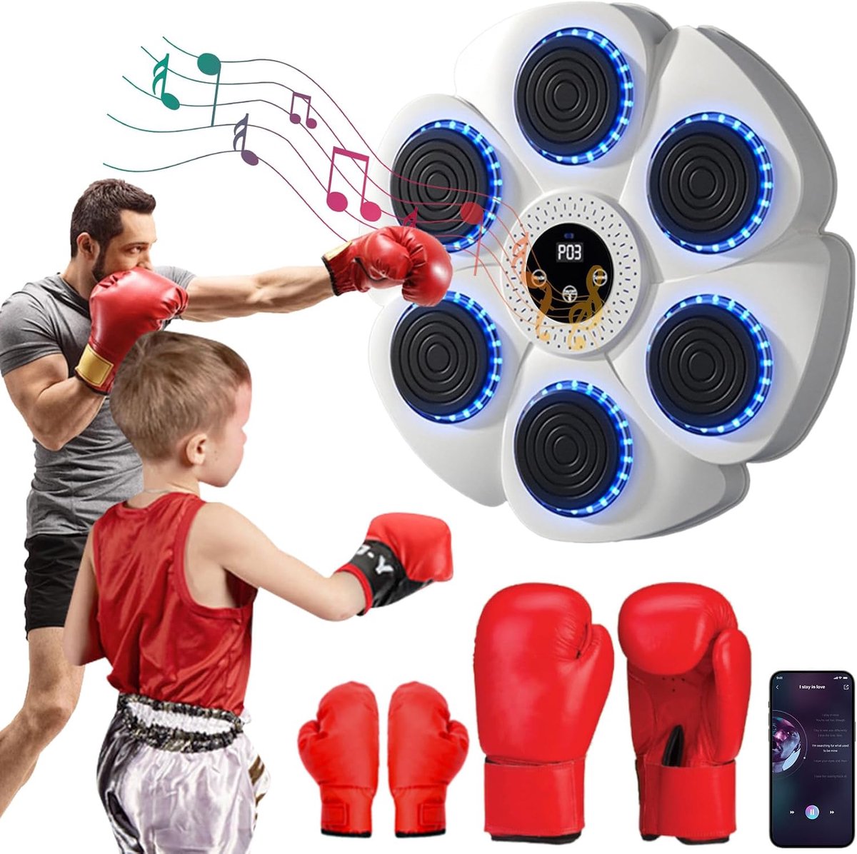 Muziek Boksmachine - Slimme Muziek Ponsen Wandmontage LED Licht Ponsen Machine met Bokshandschoenen - Bluetooth Verbonden 9 Modi 18 Snelheden en Telmodus voor Volwassenen en Kinderen