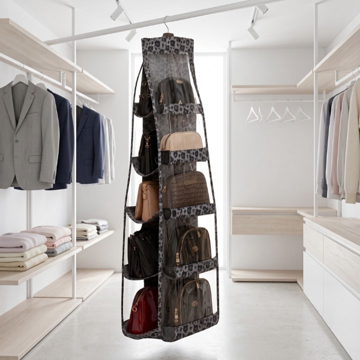 INDECOR Kledingkast Organizer met 10 Vakken – Hangende Organizer voor Tassen, Schoenen & Accessoires – Ruimtebesparende Opberger – 37 × 125 cm – Luipaard