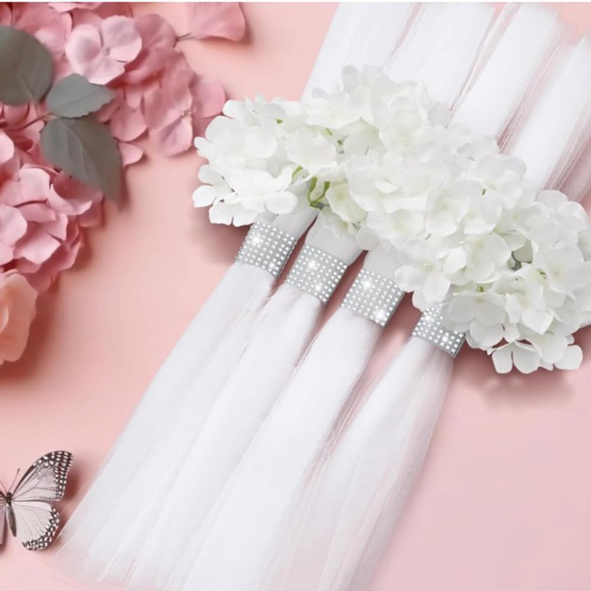 2 stuks witte tule stoelstrikken met tule, bloemen stoelsjerpen bruiloftsstrikken voor bruiloft, feesten, banket, party, kerkbanken, stoel, rug, gangstoel, decoratie, hortensia