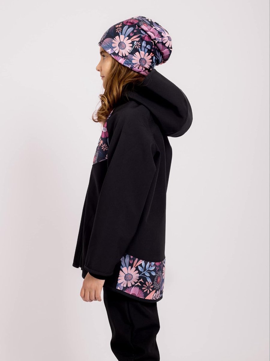 Softshelljas voor kinderen, met fleece basic, zwart, magische bloemen, zwart, 128/134 cm