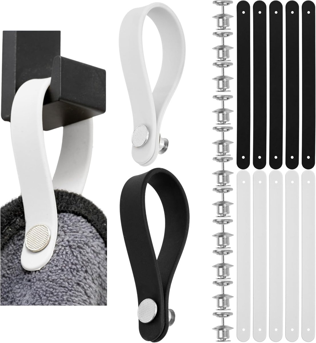 Hangers voor textiel, 12 stuks, 150 x 12 mm lussen, zwart en wit, van siliconen, met pin-knoopsluiting, ophanglussen voor theedoek, badhanddoek, lappen, decoratieartikelen