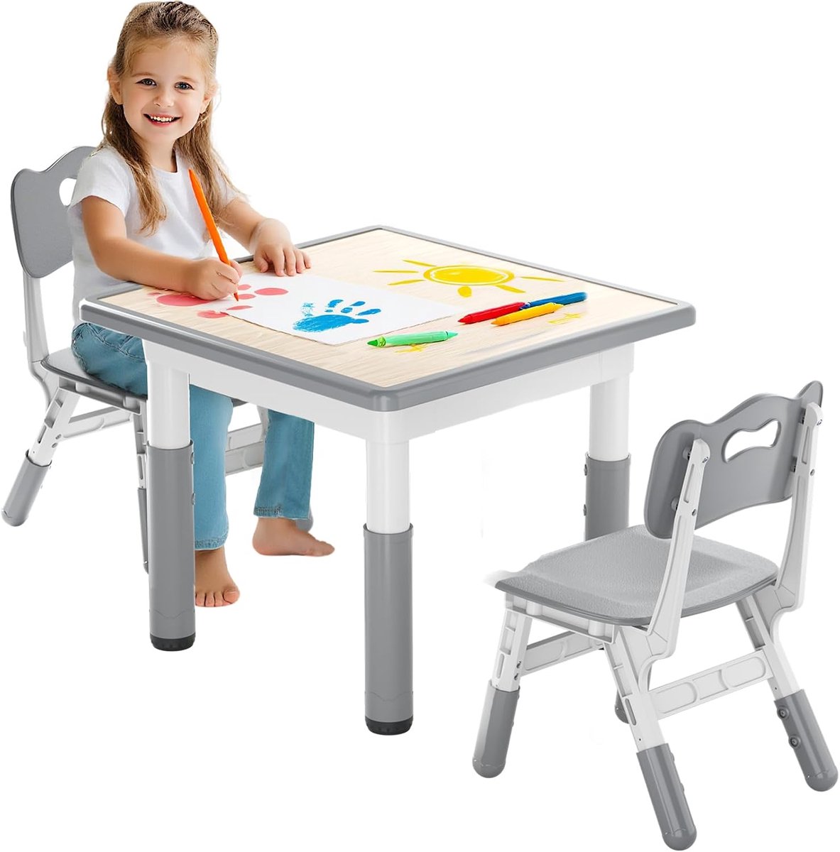 Kindertafel met 2 stoelen, in hoogte verstelbaar, van HDPE en ABS, multifunctionele speeltafel, stabiel, voor kinderen tot 10 jaar, ergonomische tafelstoelset voor kinderkamer, S