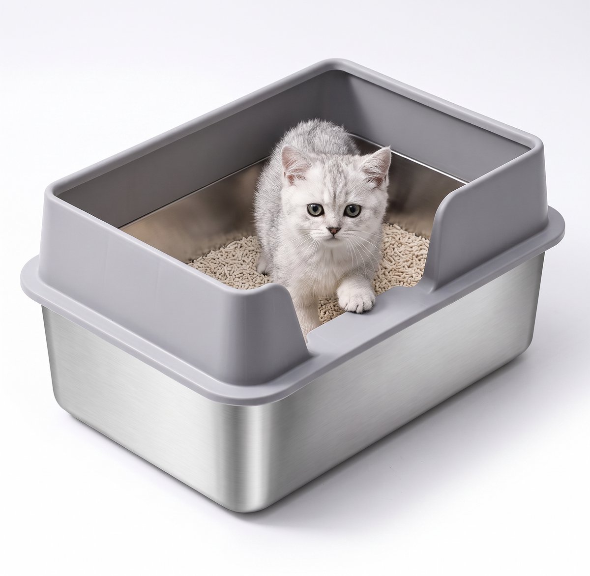 Kattenbak met RVS onderbak - Kattentoilet Roestvrijstaal - Hoge afneembare kunststof rand - Lage instap met geribbeld uitstaprandje - Open bovenzijde - 50 x 35 x 25 cm - Grijs – Met Hoge Rand & Antispat – Anti-Geur & Hygiënisch – Open Design