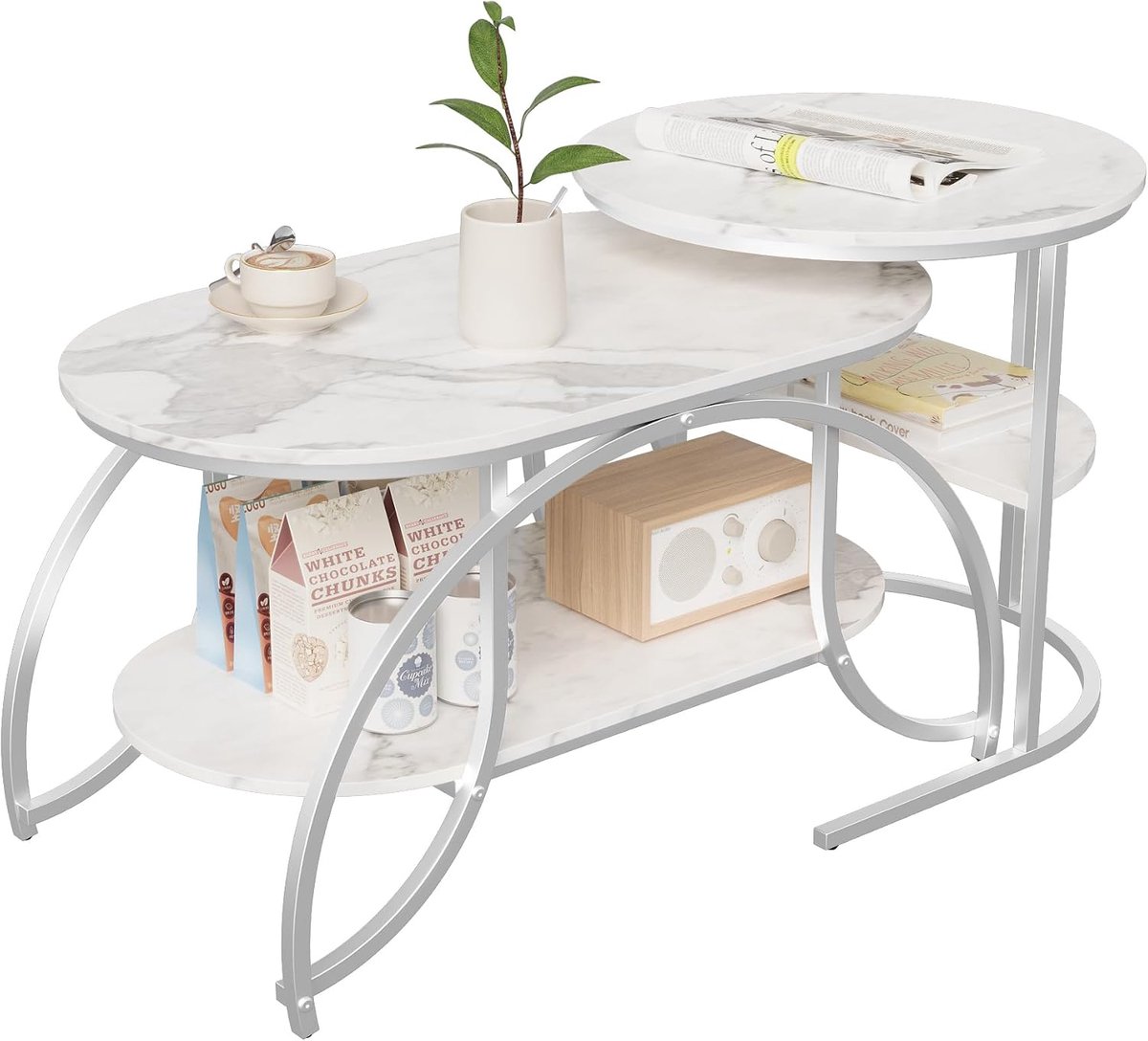 Rond, set van 2, stapelbare bijzettafel, gouden tafelpoten van metaal, salontafel, marmeren plaat, set met 2 salontafels, moderne woonkamertafel, bijzettafel met opbergruimte