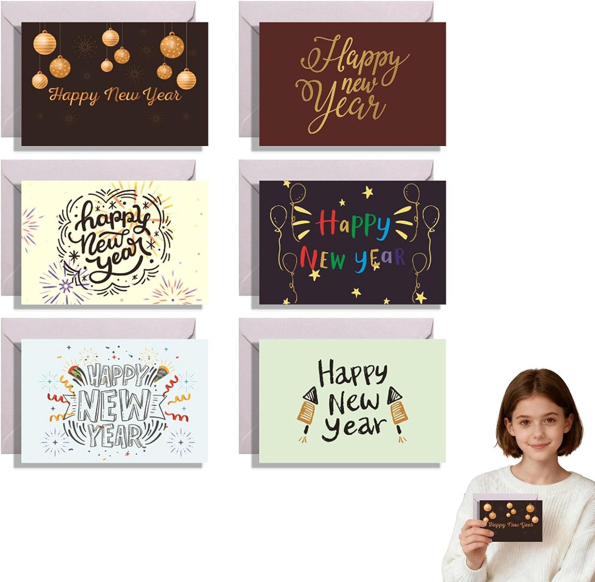 Nieuwjaar Kaarten 2026Kleurrijk, 6 Set Nieuwjaar Wenskaarten met Enveloppen Stickers, Oudejaarsavond Feestbenodigdheden Nieuwjaar Geschenken Card Set