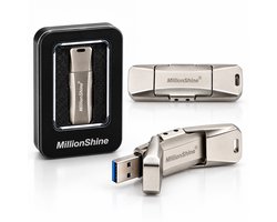 MillionShine USB Stick - USB 3.2 Gen1 C en A - 1 TB - 2640Mbps Snelle Overdracht - Flashdrive - Zakelijk en Prive Opslag - Compatible met iPhone en Android - Luxe Design Metaal Zilver