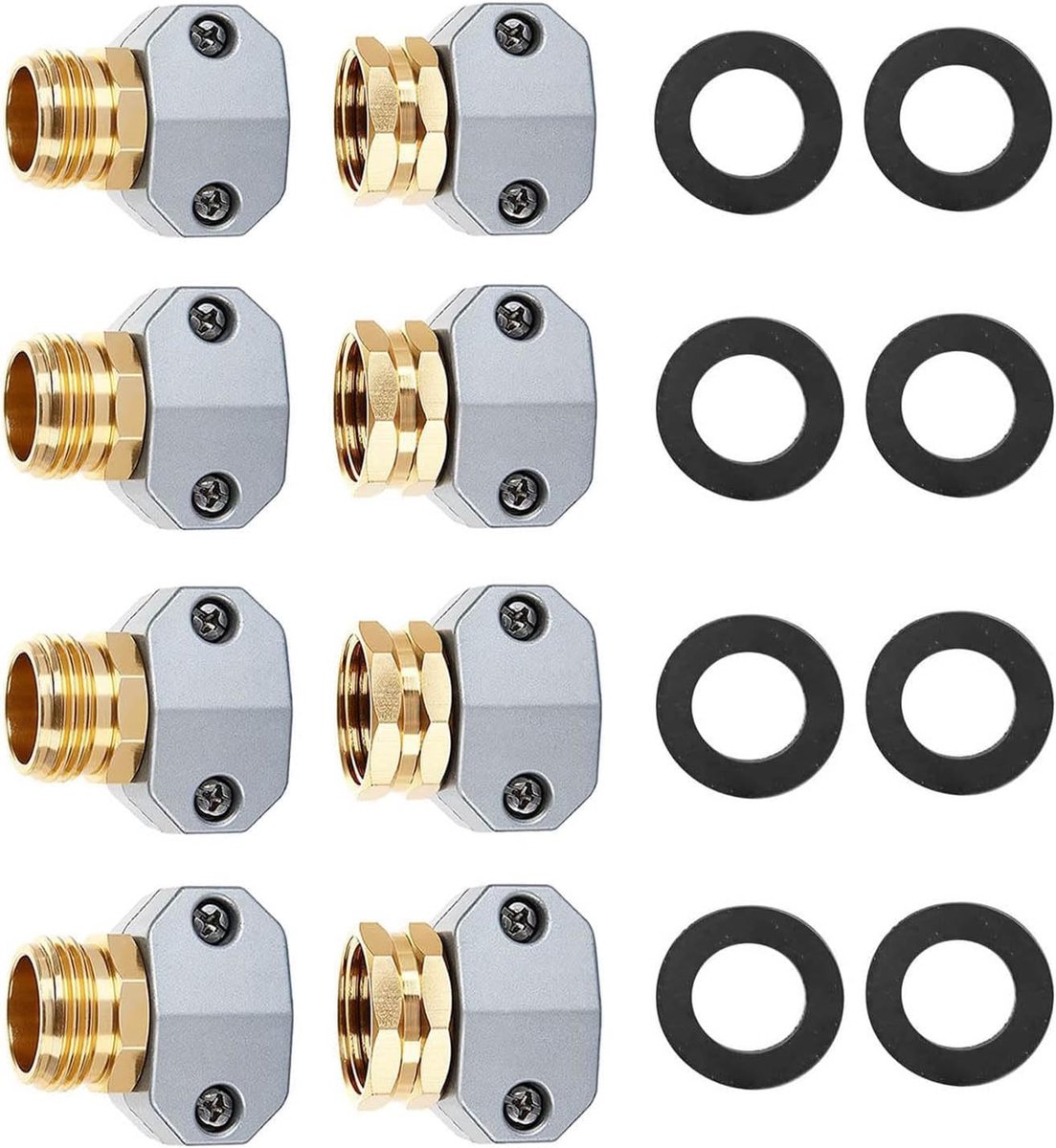 4 sets tuinslang reparatie connector kit met zink aluminium mannelijke en vrouwelijke slanguiteinden, geschikt voor 5/8" en 3/4" tuin waterpijp reparatie connectoren