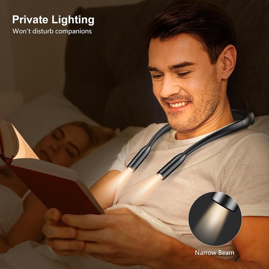 Nek Leeslamp – Oplaadbare LED Leeslamp om de Nek – Boeklamp – Leeslampje voor Bed – 3 Lichtkleuren – Traploos Dimbaar – USB-C – Flexibel – Handsfree – Voor Lezen, Breien, Handwerken & Nachtelijk Gebruik — afbeelding 5