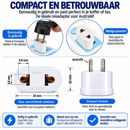 Illustratie van een Europese stekker die in een witte reisadapter wordt gestoken. Afmetingen van adapter en stekker meegeleverd. "COMPACT EN BETROUWBAAR"