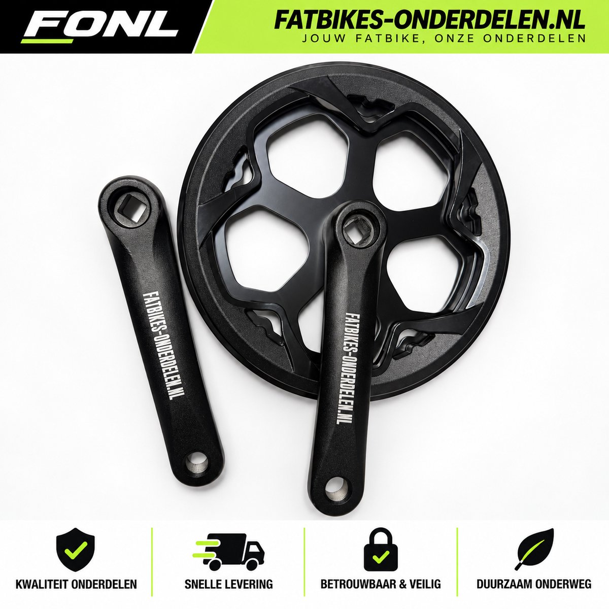 FONL Crankset Fatbike Compleet met Traparm - Kettingblad en Crankarm voor Ouxi V8, H9 en QMWheel V20 - Crank Elektrische Fiets - Zwart