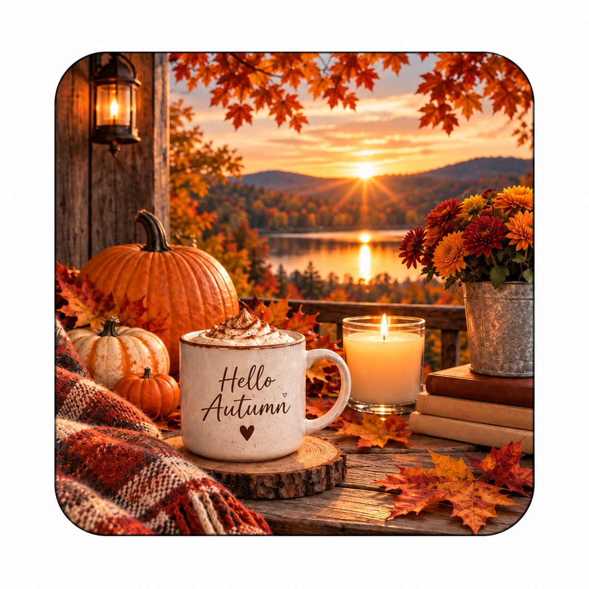 Herfst MDF onderzetter 10 x 10 cm – Hello Autumn – Pompoen, Koffie en Kaars – Tafelonderzetter