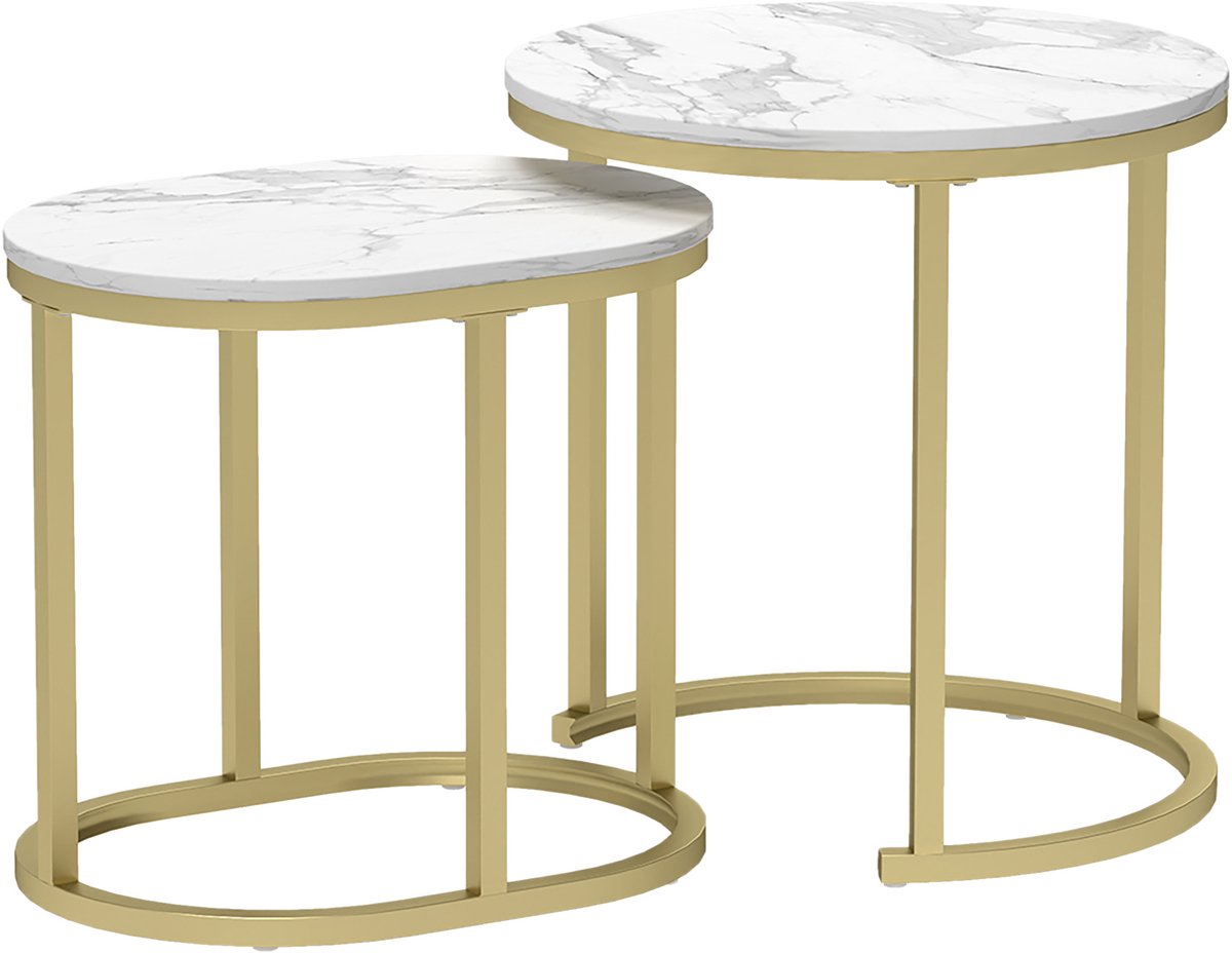 Homona Salontafel set van 2 - Stapelbaar - Met verstelbare voetjes - MDF en staal - Ø50 x 50,5 cm en 60 x 36 x 43,5 cm - Wit